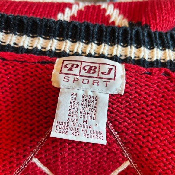 Vintage PBJ Sport 90s 80s Red Blue White Golf Prep Novelty Cardigan Sweater Sz M - Picture 7 of 16